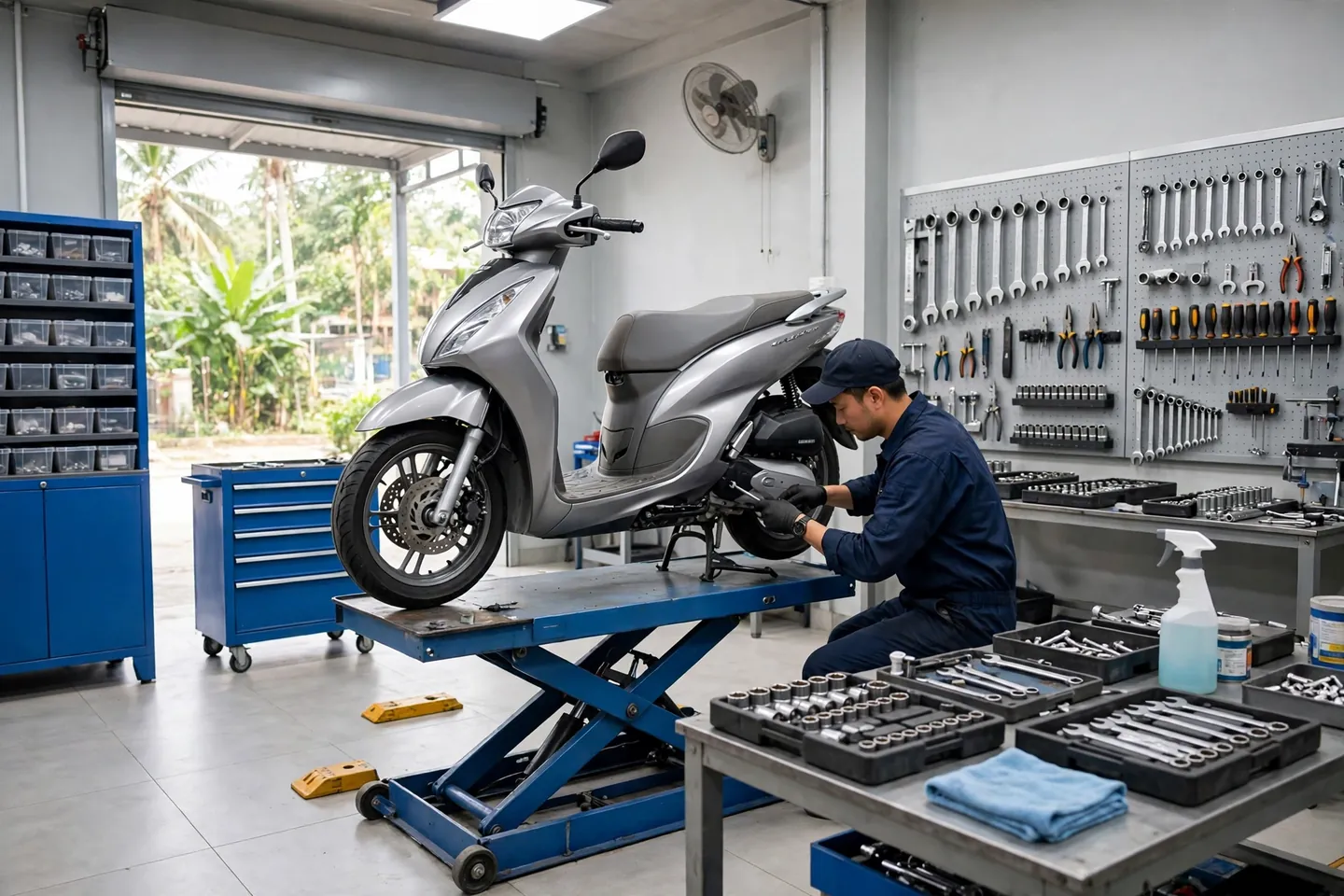 Xưởng dịch vụ xe máy, kỹ thuật viên làm việc trên xe tay ga (ảnh minh hoạ)